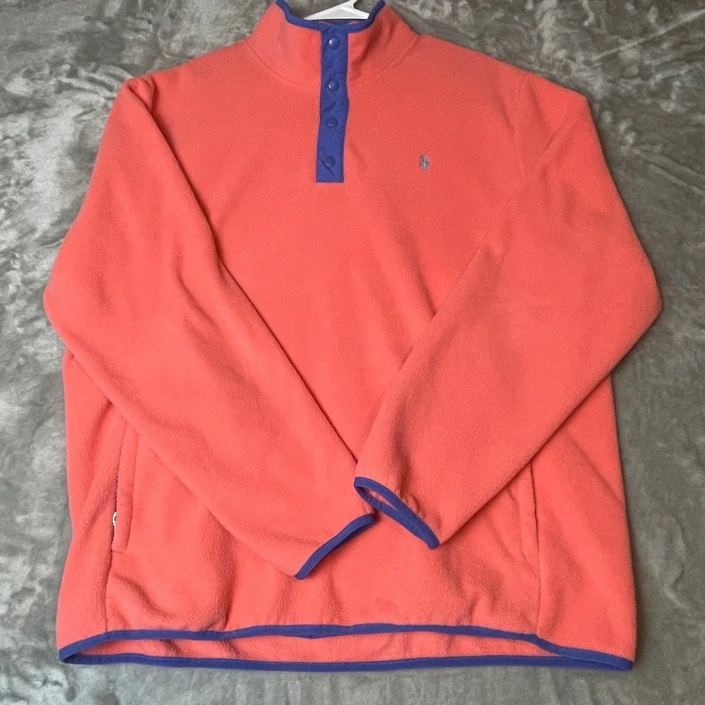 Polo Ralph Lauren‎ Fleece Pullover Snap Neck Sweatshirt Coral Blue XL
